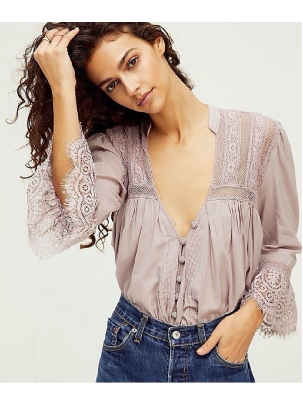 Free People Black Lace VNeck Esme Button Down Blouse Whimsigoth Witchy Romantic